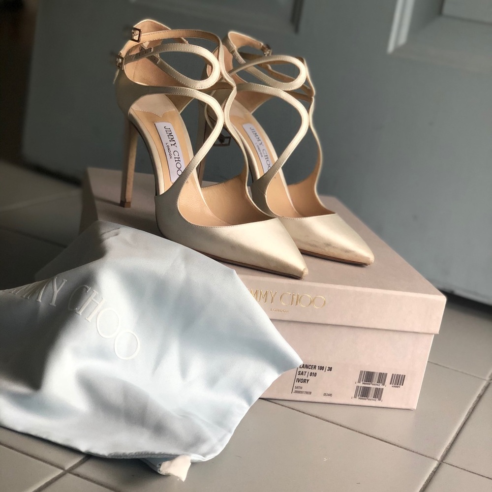 Jimmy Choo Lancer 100 in Ivory Satin with bag